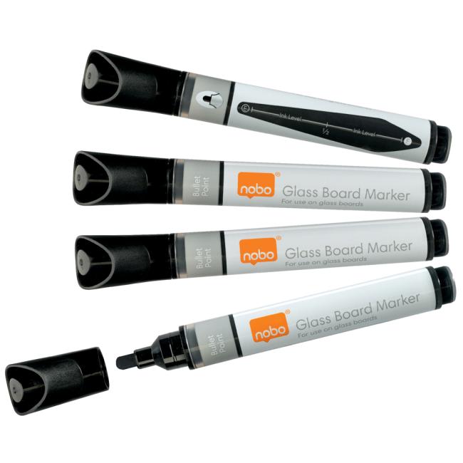 [NB905322] Popisovače Nobo na sklenené tabule s okrúhlym hrotom, balenie 4 ks, čierne