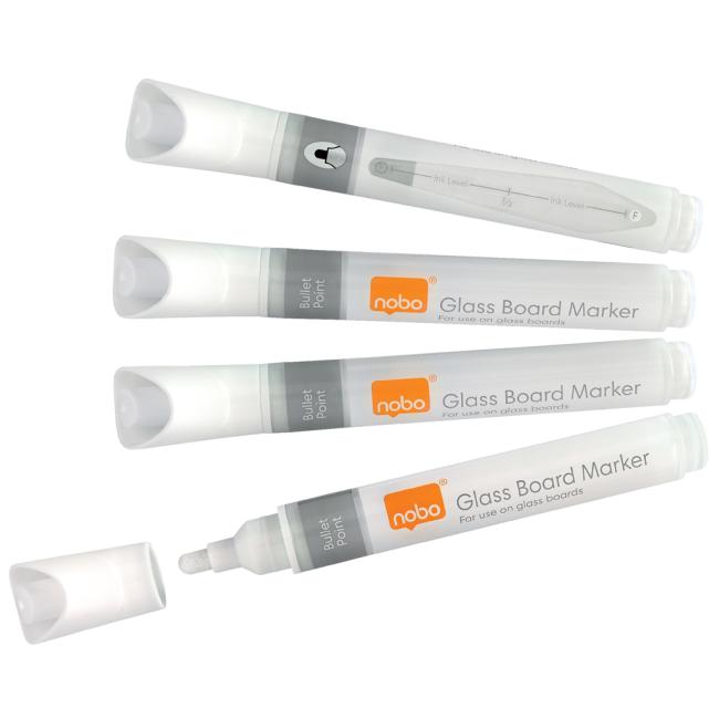 [NB905323] Popisovače Nobo na sklenené tabule s okrúhlym hrotom, balenie 4 ks, biele
