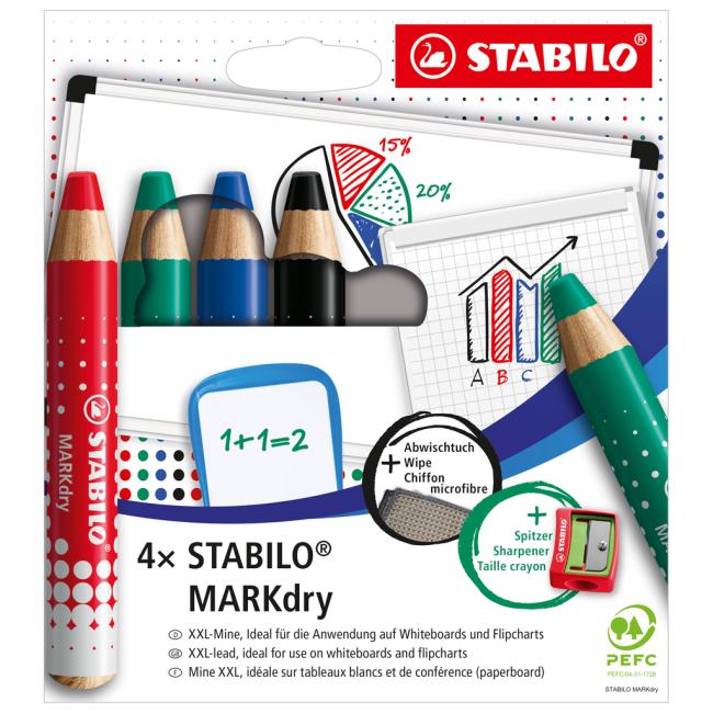 [ST064845] Sada STABILO MARKdry na tabuľu a flipchart 4f so strúhadlom a utierkou
