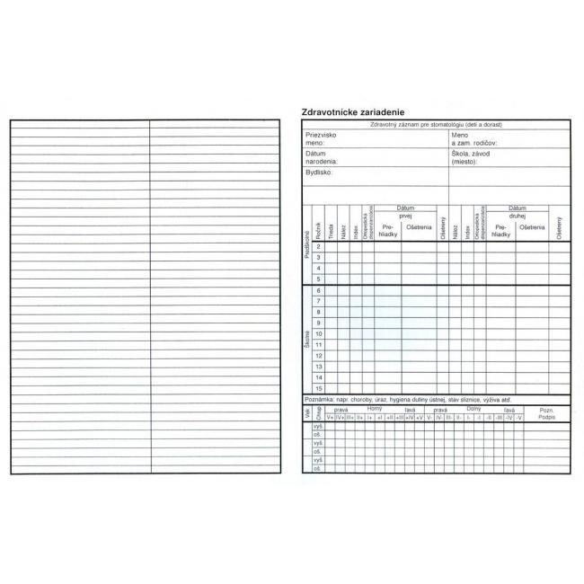Zdravotný záznam pre zubára. (detské), A5, 2-list, 100 ks