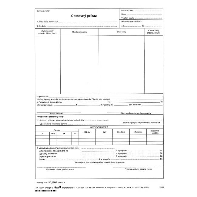 Cestovný príkaz A4, 20 kusov v balení.