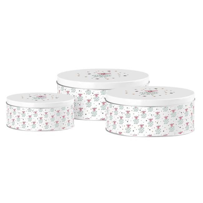 Plechová dóza 3 ks sada 200x90/185x80/140x65 mm guľatá IMELO MAGIC, biela, modrá