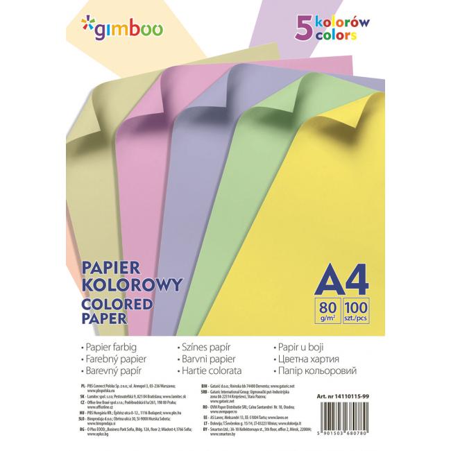 [DO011599] Farebný papier Gimboo A4, 100 listov, 80g, 5 pastelových farieb