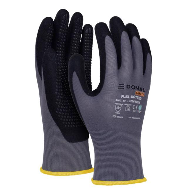 Rukavice pletené, polomáčané DONAU SAFETY Flex-Dotted, kat. II sivé veľ. 9
