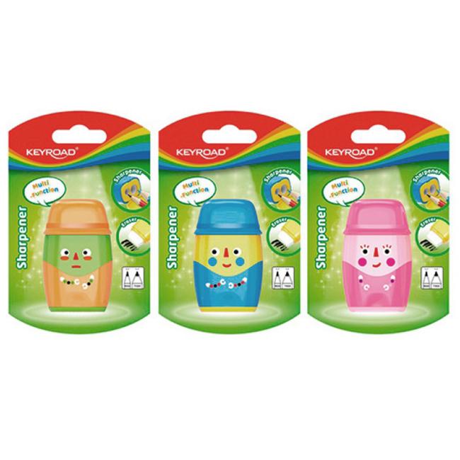 [EC972118] Strúhadlo KEYROAD Hello plastové s dvomi otvormi a gumou, blister, mix farieb