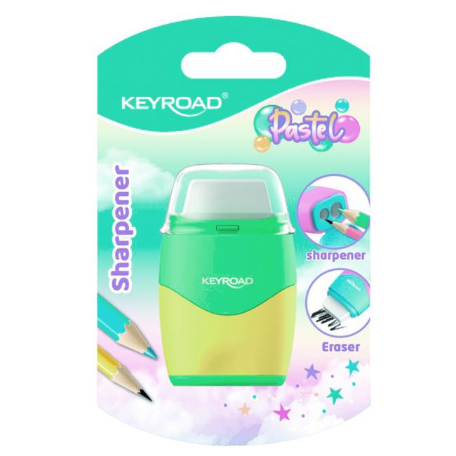 [EC972411] Strúhadlo KEYROAD Pastel color collection! plastové s dvomi otvormi a gumou, blister, mix farieb