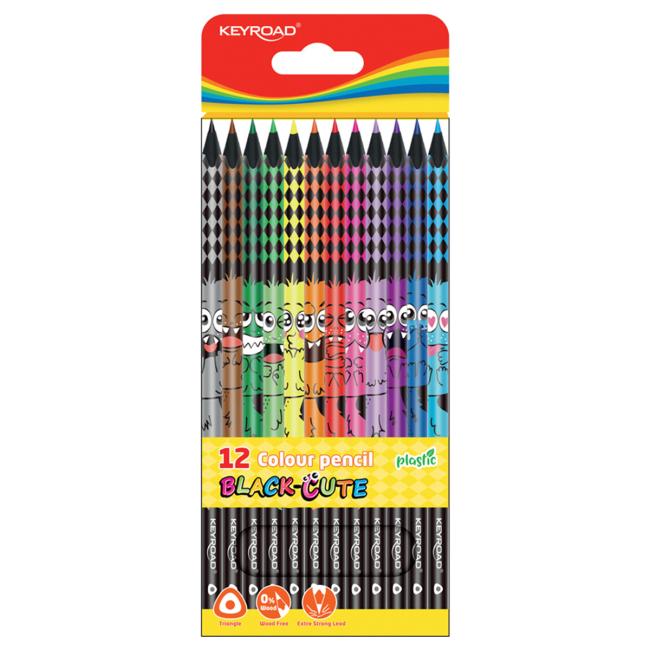 [EC972515] Farbičky trojhranné elastické KEYROAD čierne drevo, sada 12 ks