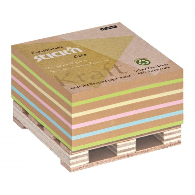 Samolepiaci bloček Stick’n Hopax na paletke 76x76mm 400 lístkov mix Kraft a pastel
